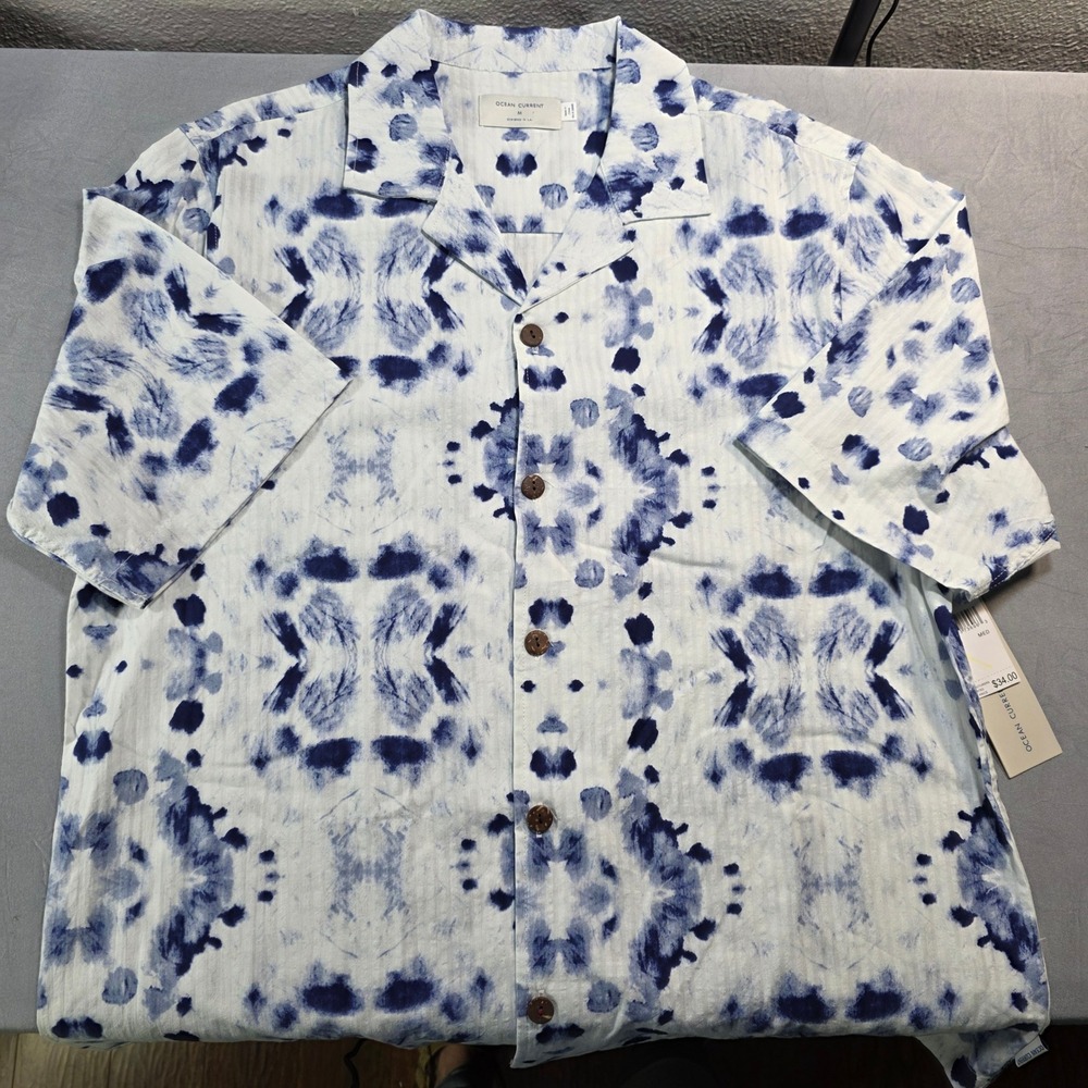 Ocean Current Mens Medium Blue White Tie Dye Short Sleeve Button Up Shirt